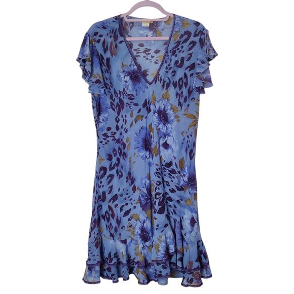 Y2K Sensara Purple Floral Flouncy Flutter Dress Large Forest Fairy Semi Sheer - Picture 1 of 11